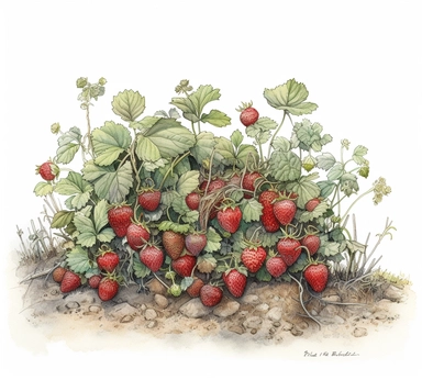 realistic burnished watercolored pencil strawberry field scene clipart, detailed, on white background, spaced out