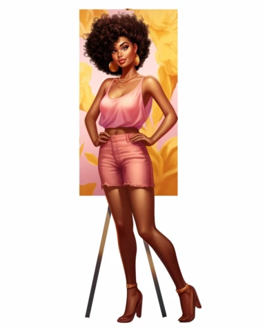Full body shot, advertising, Clipart beautiful Afro Cuban American woman a Black girl magic young black woman holding a white empty posterboard, in the style of highly detailed illustrations, vibrant colorism, realistic portrait, afro-colombian themes, white and brown, celebrity portraits, intense gaze