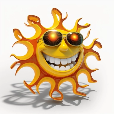 An artistic interpretation of a smiling sun with abstract sunglasses and free-flowing, artistic sun rays, adding a creative and expressive touch to the clipart on a white background.
