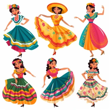 6 mexican ladies in beautiful colorful dresses clipart, having fun, dancing