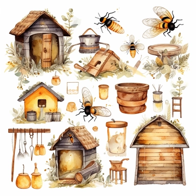 Watercolor boho backyard beekeeping, illustrations clipart set, simple, soft colors, cartoon elements, different variants, beekeeping related items, beehives, beecomb, bees separate elements with a margin