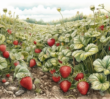 realistic burnished watercolored pencil strawberry field meadow scene clipart, detailed, on white background, spaced out