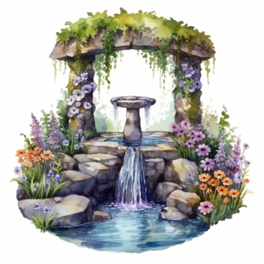 Clipart, isolated on white background, beautiful cute Watercolor water well through the stones, forest woodland nature landscape scenery, plants and flowers, ornated, pastel colors