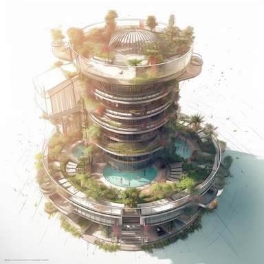 clipart, matte painting of the bird's eye view of umbrella tower. garden balconies. ecofuturistic architecture. dynamic perspective. urban, detailed digital art trending in artstation, photograph,Painting By David Alabo, white background
