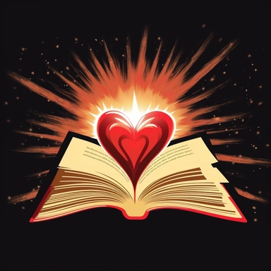 an view of an open bible with a red radiant heart coming out of the pages that is grows in size as it extends out of Bible. I want this in the style of a clip art or a logo.