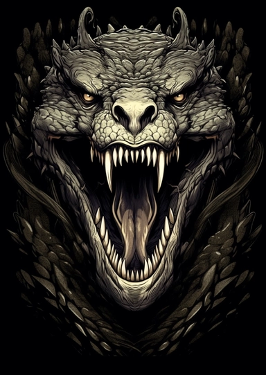 Vector t-shirt art ready to print detailed, Snake Huge Fangs FACING FORWARD, black surrounding, amazing art, in the center, clip art, Peter Draws, digital illustration, Photo Realistic, warm monochrome on black background. centered, dynamic, highly detailed, digital painting, art station, concept art, smooth, sharp focus, highly detailed, 8k, art by Carne Griffiths and Wadim Kashin, highly detailed