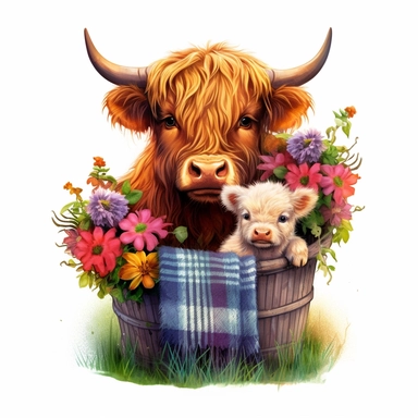 Create an ultra HD clipart of a close-up view of a Highland Cow mom and its baby nestled in a floral basket, capturing their heartwarming bond and adorable expressions in every detail, with very high-quality image resolution to bring the artwork to life