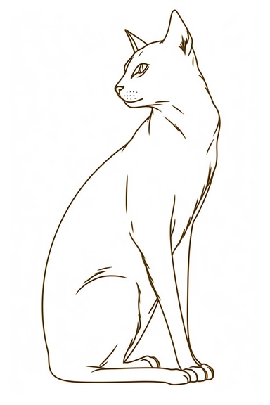 cat sitting in profile, thin line silhouette outline simple one line sketch, vector logo clipart, leonardo da vinci style, white background,