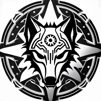 icon clipart of a dire wolf head and a sun in the back black and white as a Star Wars mandalorian signet symmetric