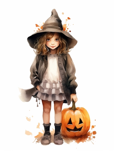 watercolor painting, cute girl wearing halloween witch hat, sangchae wearing white lace skirt, sweatshirt with cute pumpkin drawing, mischievous expression, clipart, 8k, HD, white background,