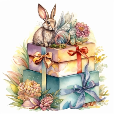 insanely beautiful pile of 3 gift packages , in the style of beatrice potter and jody Bergsma,32k uhd, hand-painted details, pastoral illustrations, amazing colour combinations , aquarellist, hd , white background clipart ,-- no watermark--ar 27:37