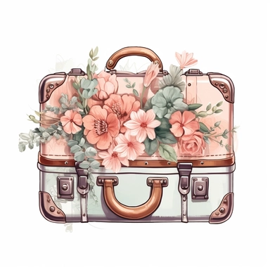 watercolor, hyper realistic, white background, white margins, 16k, ultra detailed clipart, cut out image, hand-drawn, whimsical manhwa style, ultra HD, sharp and clean art a vintage suitcase adorned with delicate floral , capturing the romantic and feminine aesthetics often associated with vintage fashion and travel. earthy brown pastel