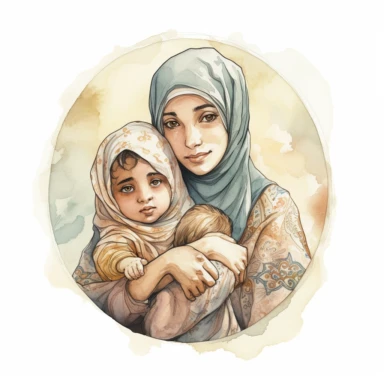 A portrait of a Muslim mother with her hijab carrying her child in her arms in a religious medallion watercolor clipart, realistic,high details, high quality