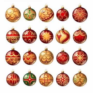 christmas ball elements clipart, vector, flat, 4k, isolated on white background, spaced out ar 3:2