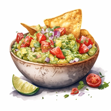 create a beautiful one of a kind high quality extremely detailed watercolor clipart image of a delicious bowl guacamole with chunks of tomato, have one single tortilla chip dipped into the guacamole, pay close attention texture, PNG, commercial use, white background, no text, no font, no watermark, white background, no text, no font, no watermark, white background
