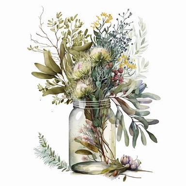 watercolor australian natives clipart large tall floral bouquet in a jar white background with predominatley olive flowers no text included