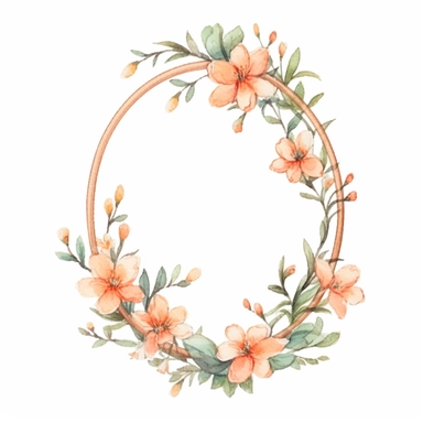 watercolor clipart of a empty suttle dainty floral oval frame surrounded by peach color flowers. Capture the essence of blooming beauty and intricate details in your artwork, white background