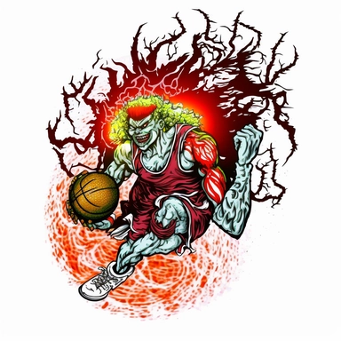 white background, aggressive extreme energy cool sports athletics mascot clipart smiley logo 1999 lineart cartoon monster magic shine dazzling gleam delirious illustration comic book airbrush sporty dynamic colors, etched frosted glass chemical burn acid wash overdye screenprint ceremonial god, flaming anthropomorphic humanoid basketball dunking a basketball