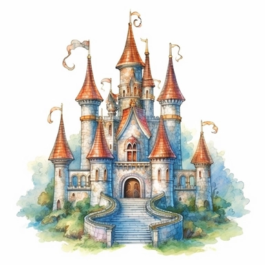 watercolor clipart of a fairytale magic castle, colored pencil drawing, isometric, whimsical, isolated white background, rendered in 26k