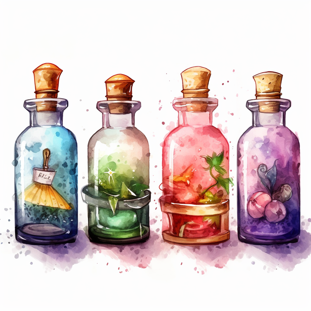 Create a watercolor clipart set of potion bottle with different shape ...