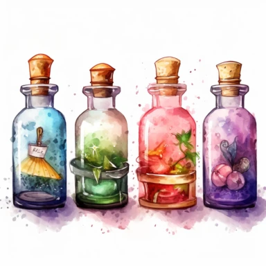 Create a watercolor clipart set of potion bottle with different shape, size, and color, containing a unique magical elixir with label. no background