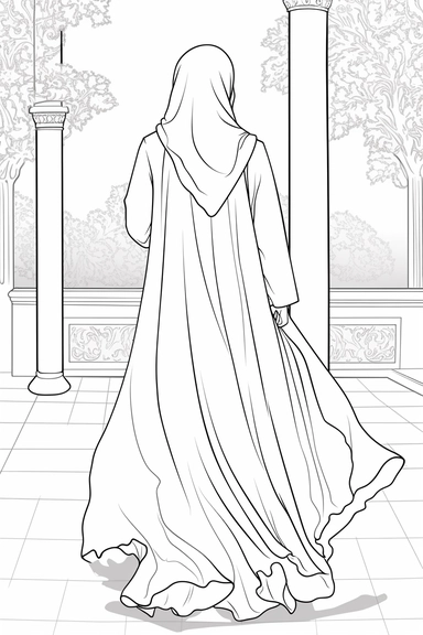 coloring page of a Hijabi woman back full body view clipart illustration, no face is seeing, muslim lady clipart, veiled woman clipart, floral lady hijab clipart , coloring book page for teens, no text, clean and simple line art