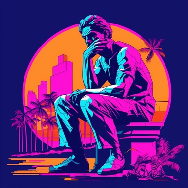 Design a captivating clipart featuring a retro-inspired portrayal of The Thinker sculpture with a Vice City twist. Create a stylish and contemplative character that combines the intellectual depth of The Thinker with elements reminiscent of the vibrant 1980s Miami aesthetic. Incorporate bold colors, neon lights, palm trees, and retro patterns to evoke the Vice City atmosphere. Infuse the clipart with an air of introspection and urban coolness, showcasing the fusion of intellectual curiosity and 