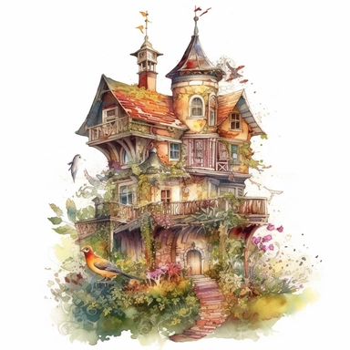 beautiful , sharp focus, no blur, artists rendition,intricate detail, high resolution, watercolor birdhouse victorian castle clipart, white background,