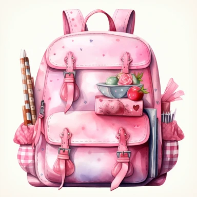Back to school Watercolor Clipart, A School bag with supplies, pink themed , single object, highly detailed, hand drawn watercolor illustration ,png transparent background, white background for removing background - - no text shadow font watermark