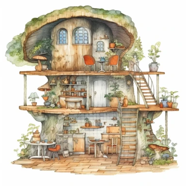 A hyper - detailed illustration watercolor clipart of a whimsical Interior shot, wooden home, tree trunk, beaver home, kitchen, dining, snails, mushrooms, childlike, colored style, watercolor style, illustration style, pencil drawing, watercolor illustration, sweet soft color, illustration style a combination of Beatrix Potter and Tove Jansson, isolated on white background with margins, cut - out images