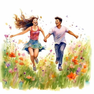 joyful COUPLE, running hand in hand through a field of wildflowers, laughter and pure happiness in their hearts, watercolor, Pixar style, Clipart on a white background