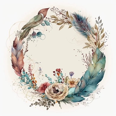 intricate and detailed watercolor simple circle border for wedding clipart masterpiece of boho floral arrangement with boho flowers and feathers and leaves, exquisite realism caricature style with excellent depth color shading, use of fabric, soft and subtle colors of watercolor style, plain background