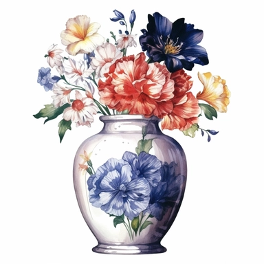 single isolated asset, cute beautiful random Flowers in a fabulous Vase , front view, watercolor, professional vector clipart, white background