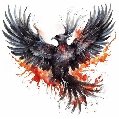 watercolor dark fantasy mystic black phoenix clipart, hd 4k, detailed, isolated on white background