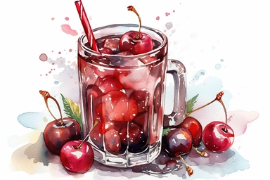 Watercolour cherry cola clipart, hd, on white background, spaced out