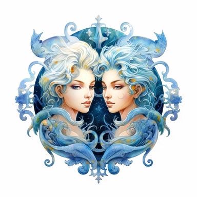 mystical astrological Gemini zodiac sign, fantasy, fairytale, storybook, clipart, digital painting, light ink, very detailed, very realistic, white background, bright mood, 4k quality
