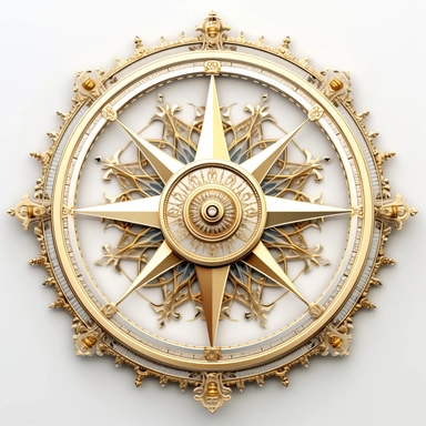 Design an extraordinary clipart of a fairy tale-inspired compass against a pristine white background. The compass should have a golden, filigree design, with a delicate crystal replacing the needle. Depict ancient symbols of guidance and destiny on the compass markings.