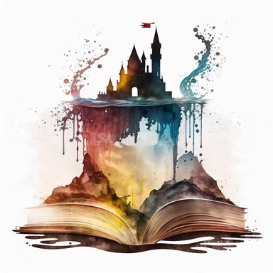Clipart, Mythical Watercolor Castle Emerging from an Open Book, no background, hd