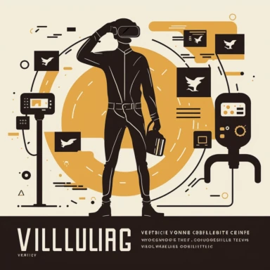 worker wearing vr headset, man, standing in an assembly plant, gauges, coding, vr developer, virtual reality, poster, simplistic, abstract, vector, 2d illustration, clipart, few colors
