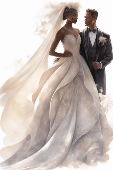 amazing detailed watercolor clipart of a beautiful black woman bride and groom, the woman with a beautifully detailed Heavenly draping baroque-inspired haute couture gown on a beautiful young woman stunning seraphim posing a classical fashion setting and
