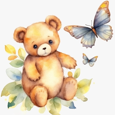 cute baby bears chasing butterflies, clipart, watercolor