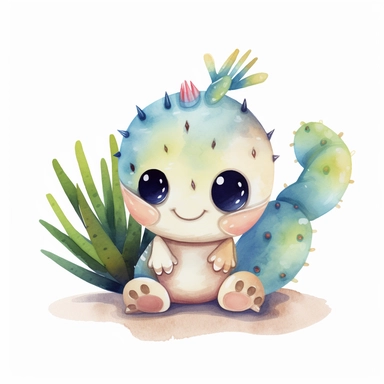 a baby scorpion with cute big eyes, happy smiling face, cute animal, adorable, playful atitude, adorable watercolor animal clipart with a few cactus and sand decor, no background, high quality
