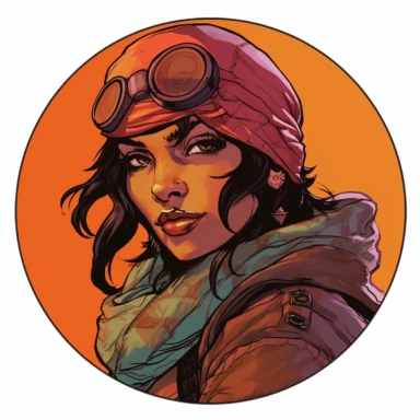 A circular tondo depicting a Dungeons & Dragons character lightly-armored Persian-heritage human woman dirty hobo badass survivalist ranger, Mike Allred Josh Kirby Mad Max Lord of the Rings, handpainted retrowave, clipart illustration, circle solid background