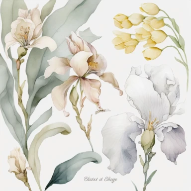 watercolor floral CLIPART, WHITE IRIS+YELLOW NARCISSUS+BABY PINK BLOSSOM CLIPART, pastel pale COLORS, clipart, no background, blank space for writing, CLEAN OUTLINE, delicate and elegant, dreamy airy color, classic style, airy watery colors, with elements of GREEN LEAVES and bluberries, hd, best quality, 8k,