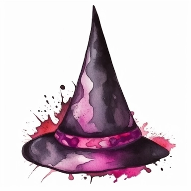 Halloween witch hat, dark pink and black color, watercolor, clipart, illustration, white background
