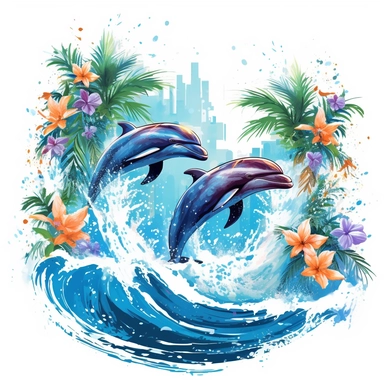print artwork of majestic palm trees in digital painting style, dolphins jump, close view, big sea waves, water splashes, white background, colorful fantasy flower sorround, highly detailed clean, vector image, photorealistic masterpiece, professional photography, realistic, flat white background, isometric, vibrant vector, clipart, illustration, realism, 4k, , cinematic, front view, white background,