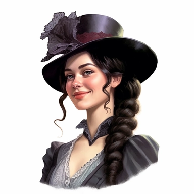 beautiful victorian lady with black hair and freckles,piercing eyes, looking left, victorian hairstyle, victorian hat, Victorian era clothing, beatiful smile, realistic inverted portrait white background, high quality, hyper-realistic, Victorian Lady Clipart,black dress