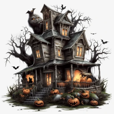 scary dark haunted house halloween with halloween pumpkin, ghost ultra highly detailed, 18k, sharp focus, high definition, intricate detailed png image, 300dpi, graphic clipart, computer graphics, With white background for removing, no text on image