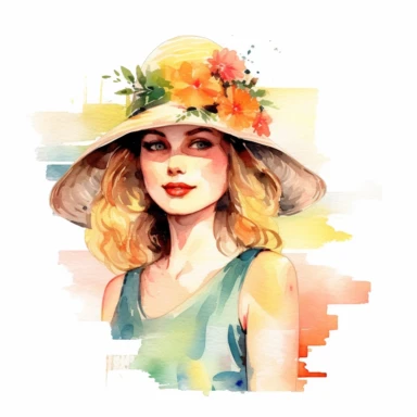 vintage woman colorful illustration old fashioned summer , Hand drawn , watercolor style,clipart,no shadow,single design, print on demand image, PNG transparent ,white background for removing background - - no text shadow font watermark