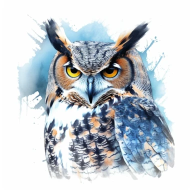 Great Horned Owl, water color style, clipart, white background